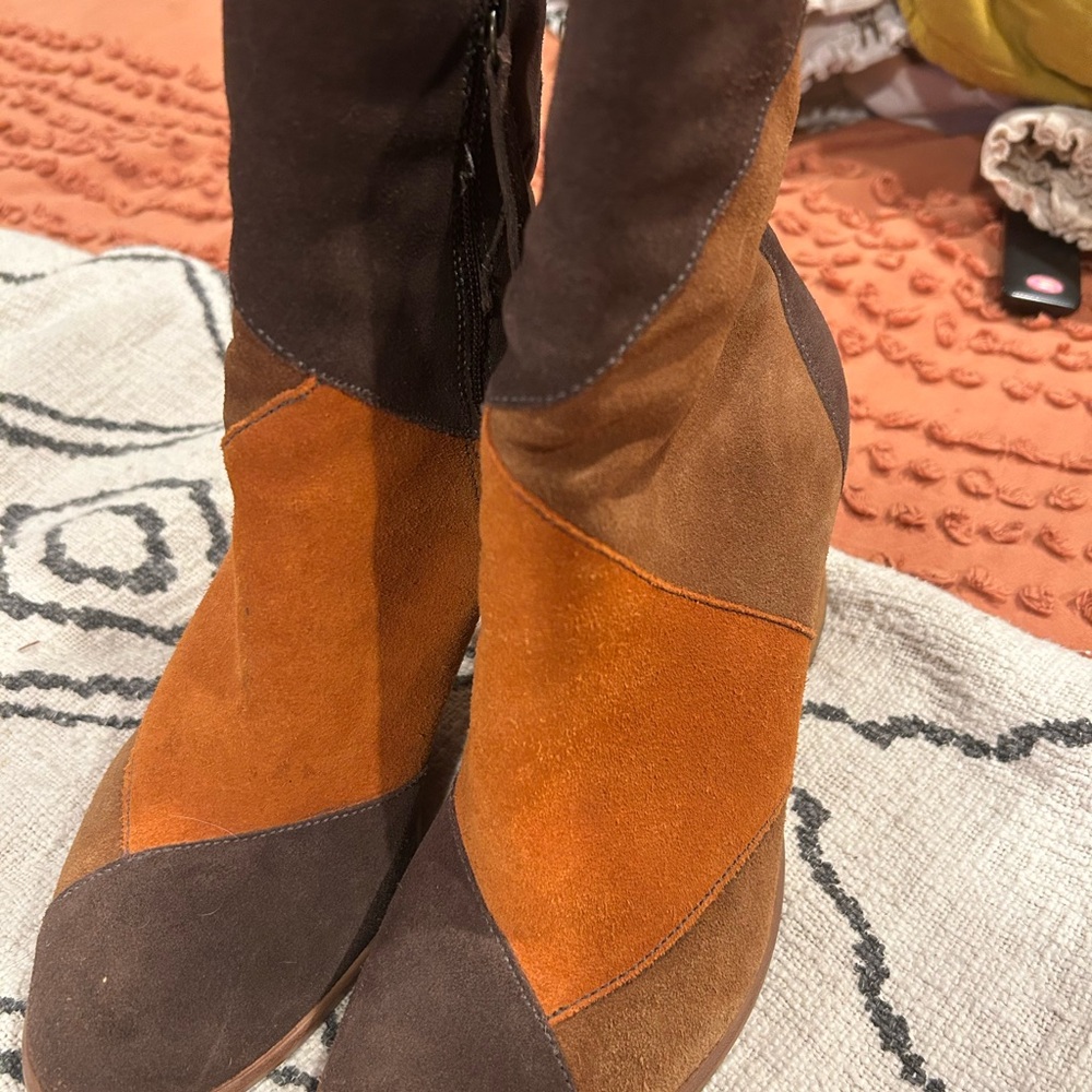 Suede Colorblock Mid-Calf Boots in Brown and Orange